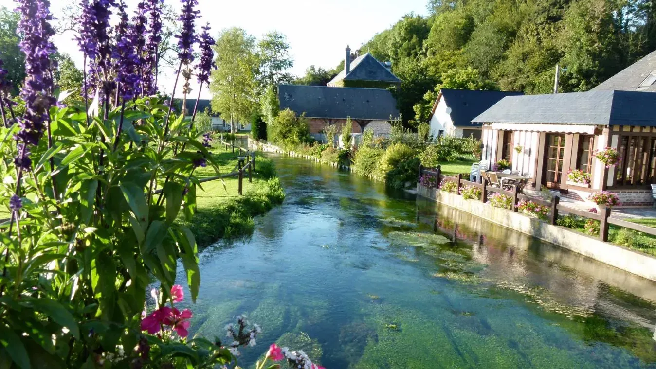 Une rivière claire bordée de jardins fleuris et de maisons normandes